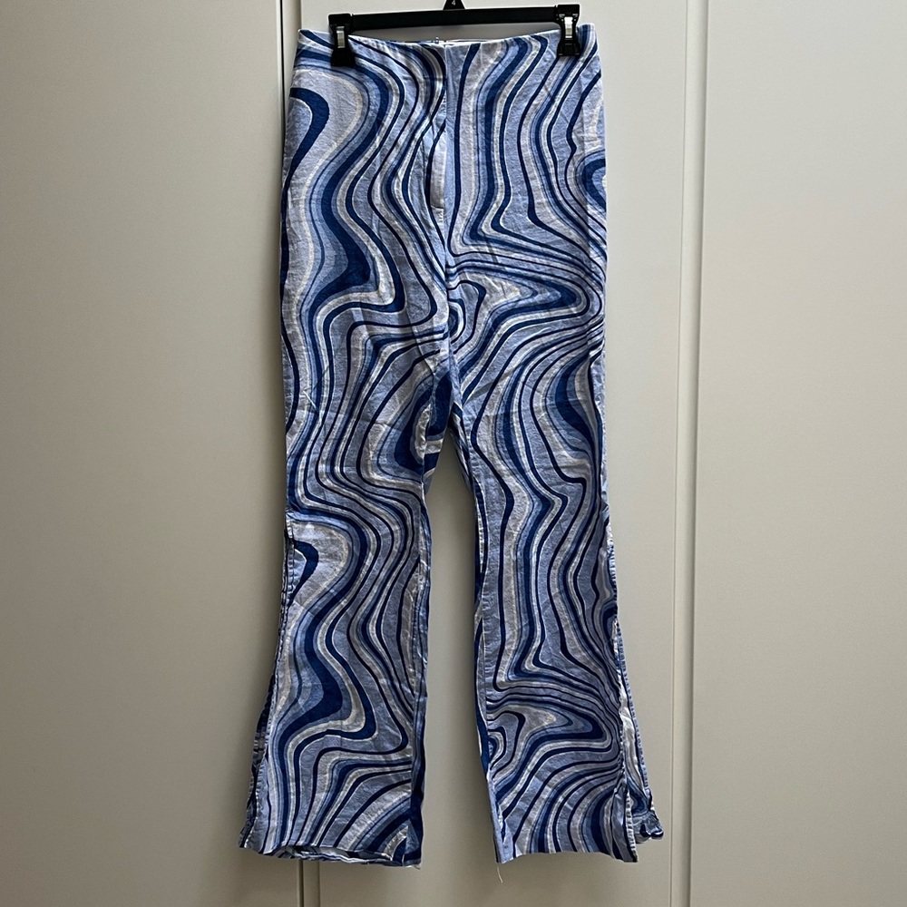 Zara Blue Wavy Patterned Linen Pants with Split Hem